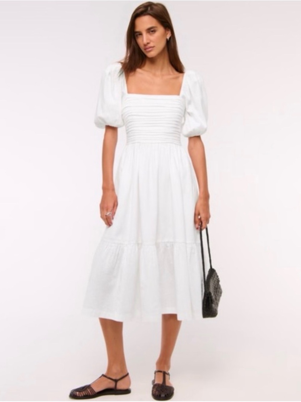 Abercrombie & Fitch White Square-Neck Midi Dress with Puff Sleeves